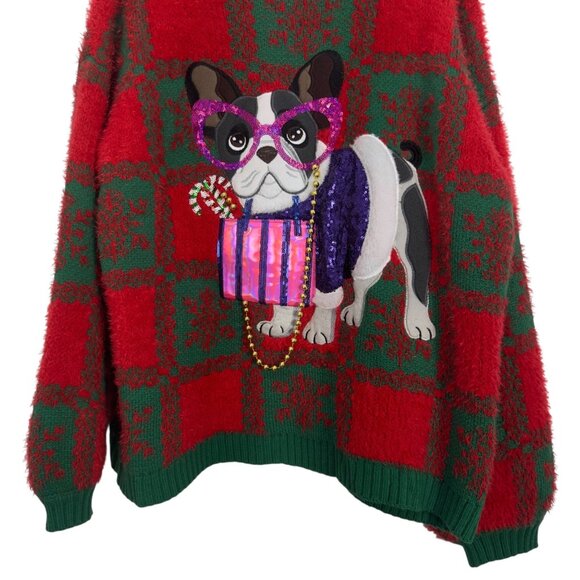 Holiday Time Ugly Christmas Sweater Bulldog Design SZ L Puff Sleeve Crew Neck - Picture 11 of 11